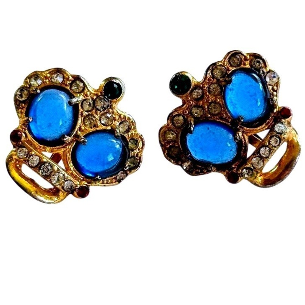 VTG Royal Crown earrings glass Cabochon rhinestone screw back Art deco Regal 20s